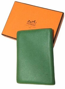 HERMES エルメス 手帳カバー レザー 表側グリーン 内側イエロー