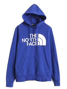 ノースフェイス プリント スウェット フード パーカー メンズ S 古着 The North Face ロゴ プルオーバー 裏起毛 トレーナー アウトドア 青