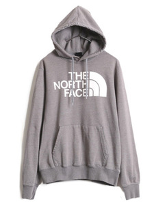 ノースフェイス プリント スウェット フード パーカー メンズ S 古着 The North Face トレーナー 裏起毛 プルオーバー ロゴ アウトドア 灰