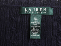 90s LAUREN ラルフローレン Ｖネック コットン ケーブル ニット セーター レディース XL 古着 90年代 オールド ポロ ワンポイント ネイビー_画像5