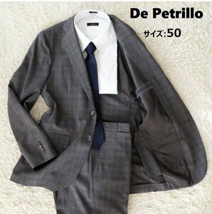 【美品】De Petrillo デ ペトリロ ナポリ サイズ:50(XL相当) グレンチェック セットアップ スーツ サイドベント グレー ビジネス 段違い3B