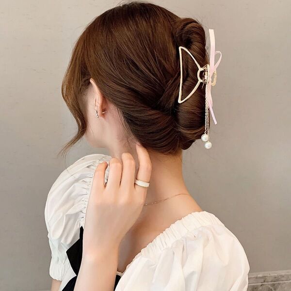 バンスクリップ ヘアアクセサリー リボン パール 髪留め ゴールド イエロー ヘアクリップ 韓国 かわいい