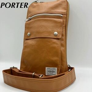 ●美品/斜掛け/長さ調整可/肩掛け ●PORTER ポーター ●フリースタイル ボディバッグ スリングショルダー ●レザー ●メンズ ブラウン