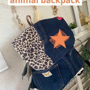 デニムリメイクリュック★ブルーdenim&レオパードファーbackpack