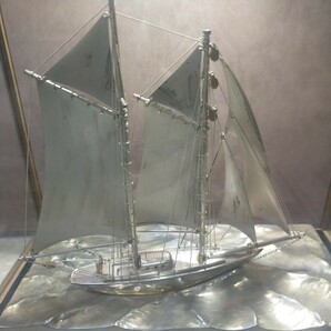 SILVER 970 刻印有 銀ヨット / 帆船 ガラスケース 置物 インテリア / 銀細工 / (AＹ)の画像4