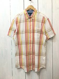 TOMMY HILFIGERトミーヒルフィガー コットン半袖シャツ チェックシャツ 袖ロゴ メンズXL 良品綺麗