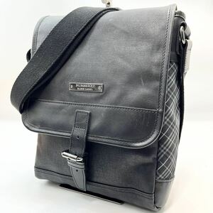 1円【極美品】BURBERRY バーバリーブラックレーベル ショルダーバッグ ビジネス ノバチェック ナイロン レザー ブラック メンズ ロゴ