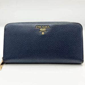 美品●プラダ PRADA メンズ ビジネス 長財布 サフィアーノ ラウンド ファスナー 三角ロゴ トライアングル レザー 本革 ネイビー系の画像2