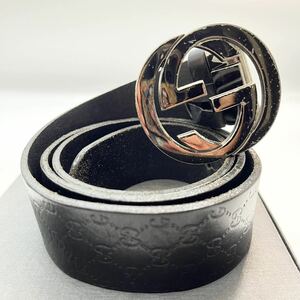 １円【良品】GUCCI グッチ ベルト BELT GG インターロッキング ダブルG バックル シルバー金具 ロゴ型押し 総柄 レザー ブラック 黒 メンズ