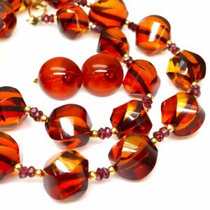 ◆K18 天然本琥珀ネックレス/イヤリング◆M 約35.1g 約52.0cm コハク amber パール jewelry necklace ジュエリー EB3/EC0