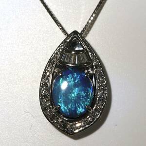 ◆Pt900/K18WG 天然ブラックオパール/天然ダイヤモンド ネックレス◆A◎ 約4.8g 約40.0cm black opal jewelry necklace EC8/EC8