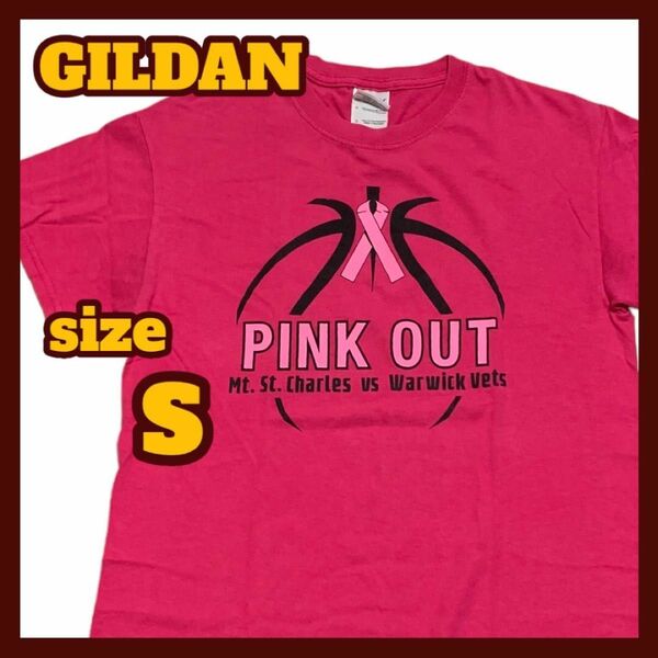【US古着】GILDAN 半袖 プリント Tシャツ ピンク Sサイズ 色落ちあり リメイク用など