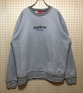 【L】Supreme Classic Logo Striped Rib Crewneck gray シュプリーム クラシック ロゴ クルーネック スウェット グレー T191