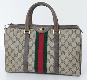 【R1-411】 GUCCI ミニボストンバッグ 40 02 007 シェリー ライン オールド グッチ GG柄 ハンドバッグ PVC レザー ベージュ系 カバン 