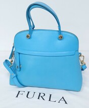 【SR-204】 FURLA PIPER ハンドバッグ フルラ パイパー ショルダーバッグ 2way レザー ゴールド金具 ライトブルー系 ブランド カバン_画像1