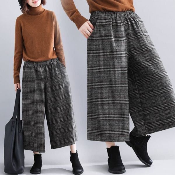 グレー グレンチェック ワイドパンツ ウエストゴム ガウチョパンツ レトロ カジュアル チェック柄 レディース きれいめ 総柄