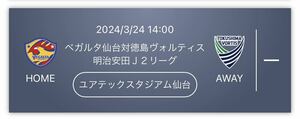 ②ベガルタ仙台　ｖｓ　徳島ヴォルティス　3/24　Sバック指定席1枚