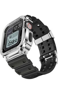 コンパチブル Apple Watch バンド 45mm ステンレス鋼ケース付き 頑丈なメンズTPUベルト 一体型 アップルウォッチ