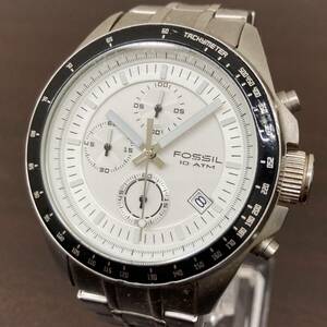 FOSSIL CH-2574 10ATM CHRONOGRAPH フォッシル クロノグラフ 未稼働品 中古 白文字盤 腕時計 STAINLESS STEEL SS