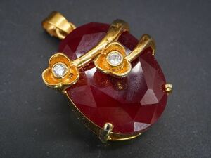 【503】大きめ ルビー 花 ペンダントトップ CZ ゴールドカラー ネックレストップ ビンテージ ヴィンテージ TIA