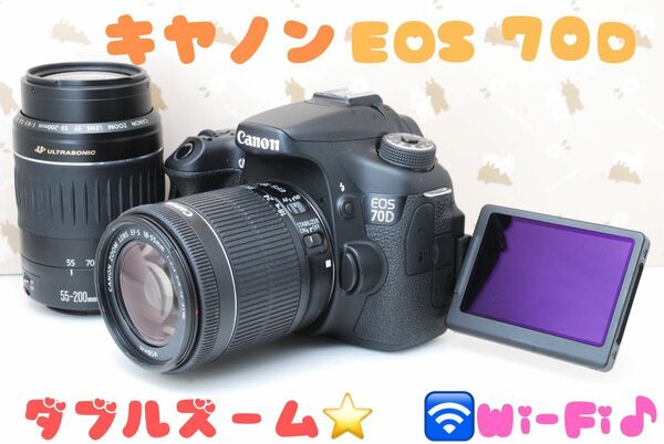 新品級★Wi-Fi★Canon EOS 70D★ダブルズーム♪レンズ2本★自撮り＆スマホ転送OK♪お出かけやご旅行に♪