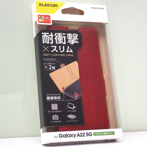 ギャラクシー Galaxy A22 5G (SC-56B) 用 耐衝撃 衝撃吸収 薄型 手帳型ケース ソフトレザーケース 磁石付 ステッチ レッド 赤 未開封品