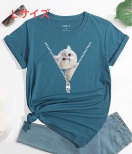 猫柄　半袖Tシャツ　ティールブルー