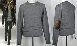 04AW Dior Homme ディオールオム クラッシュ レザー エルボーパッチ クルーネック カシミヤ ニット セーター XS cashmere sweater b7848