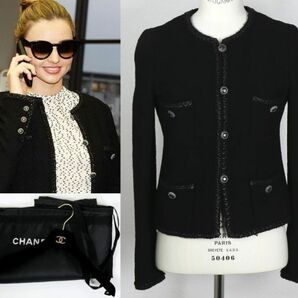 08A CHANEL シャネル リトルブラック ノーカラー ツイード ジャケット 36 black tweed jacket b7845の画像1