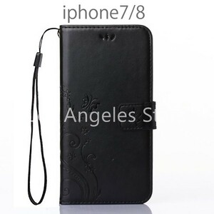 iphone8 iphone7 case notebook type leather black black leather notebook Impact-proof super-discount popular free shipping pretty peace pattern card storage with strap . cover 