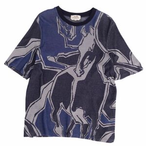 極美品 エルメス HERMES Tシャツ カットソー 半袖 21SS Dance of Horses Light 馬柄 鹿の子 トップス メンズ L ネイビー cg07or-rm05f04925