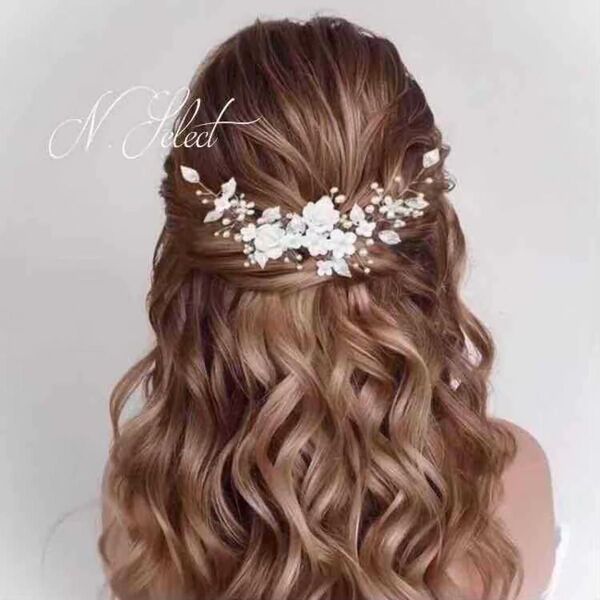 新品セラミック ホワイトローズ 小枝ヘッドドレス シルバー 結婚式 ヘアアクセサリー ブライダル
