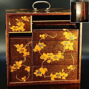 【治】時代蒔絵作品　花蒔絵 野弁当箱一式☆箱付　時代品　研出　金蒔絵　籠　重箱　弁当箱　大名道具　茶道具　BL15