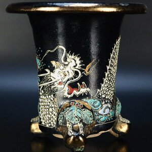 【治】盛上色絵金彩　波龍図蘭鉢☆幅9.2ｃｍ　盆栽鉢　蘭鉢盆　植木鉢　京楽焼　蘭鉢　錦鉢　QA23