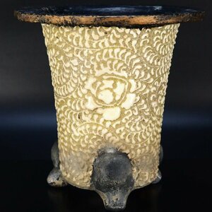 【治】盛上白蛸唐草紋　手島鉢☆高16.7ｃｍ　時代品　盆栽鉢　蘭鉢盆　植木鉢　京楽焼　蘭鉢　錦鉢　おもと鉢　QA112