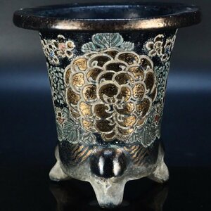 【治】盛上色絵金彩　花紋蘭鉢☆幅12.7ｃｍ　時代品　盆栽鉢　蘭鉢盆　植木鉢　京楽焼　蘭鉢　錦鉢　TG0911