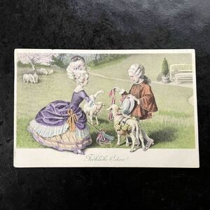 H. Schubert ★ M.M.Vienne アンティーク ポストカード 1914年消印 イースター 女の子 男の子 子羊 子供 ヴィエノワーズ オーストリア
