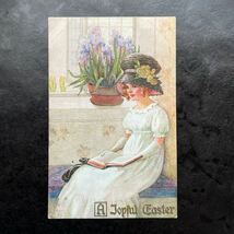 Raphael Tuck & Sons ★ 1913年 Oilette シリーズ イースター 少女 女の子 窓辺 植木鉢 読書 イギリス 絵葉書_画像1