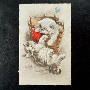 ヴィンテージ ポストカード ★ フランス アーティスト作 1967年 ネコ 猫 子猫 蝶 手彩色 絵葉書