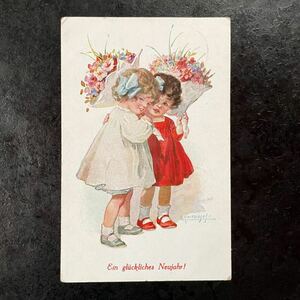 アーティスト作 ★ アンティーク ポストカード 1918年消印 新年 お祝い 子供 女の子 可愛い 花束 ドイツ オーストリア 絵葉書