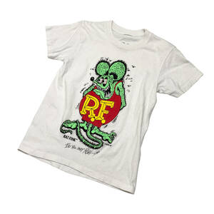 MOONEYES ムーンアイズ RAT FINK ラットフィンク Tシャツ XS 白 レディース エドロス キャラクター 古着 送料185円 24-0319