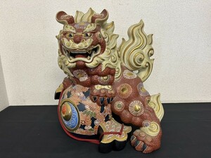 A3　九谷焼　獅子　九谷　在銘　玉乗り獅子　狛犬　高さ約37㎝　工芸品　縁起物　現状品