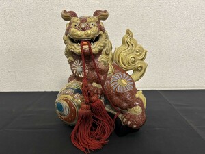 A3　九谷焼　獅子　九谷　在銘　玉乗り獅子　狛犬　高さ約22㎝　工芸品　縁起物　現状品