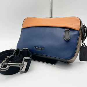 1円【極美品・定価8.8万】COACH コーチ ショルダーバッグ クロスボディ クラッチ 2way オレンジ ネイビー シグネチャー レザー メンズ