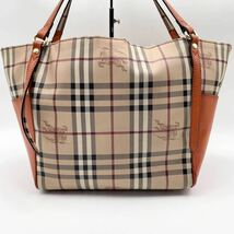 1円【入手困難品】BURBERRY バーバリー トートバッグ ハンド ノバチェック PVC レザー 本革 オレンジ ベージュ ゴールド金具 レディース_画像3