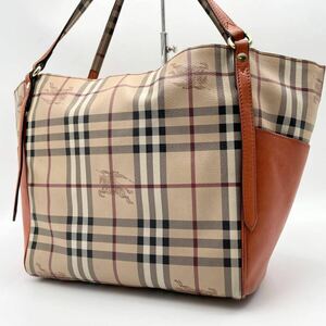 1円【入手困難品】BURBERRY バーバリー トートバッグ ハンド ノバチェック PVC レザー 本革 オレンジ ベージュ ゴールド金具 レディース