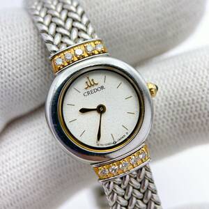 【稼働品】セイコー SEIKO クレドール CREDOR 18k ベゼル レディース 腕時計 ダイヤ10P シルバーステンレスベルト 1E70 0100 動作