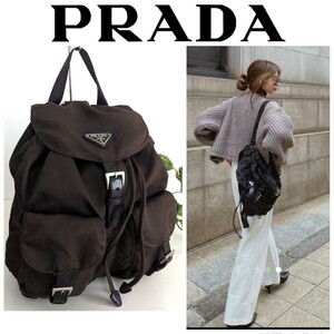 PRADA ヴィンテージ ナイロン レザー 巾着 ミニリュック バッグ 軽量 バックパック 鞄 デイパック 茶色 オリーブ カーキ レディース メンズ