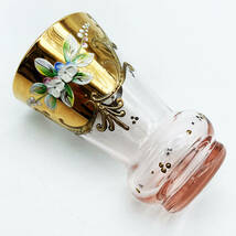 ボヘミアガラス チェコ 花瓶 淡桜色 ゴールド 金彩 花紋 ボヘミアン グラス 9.0cm_画像1