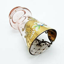 ボヘミアガラス チェコ 花瓶 淡桜色 ゴールド 金彩 花紋 ボヘミアン グラス 9.0cm_画像8